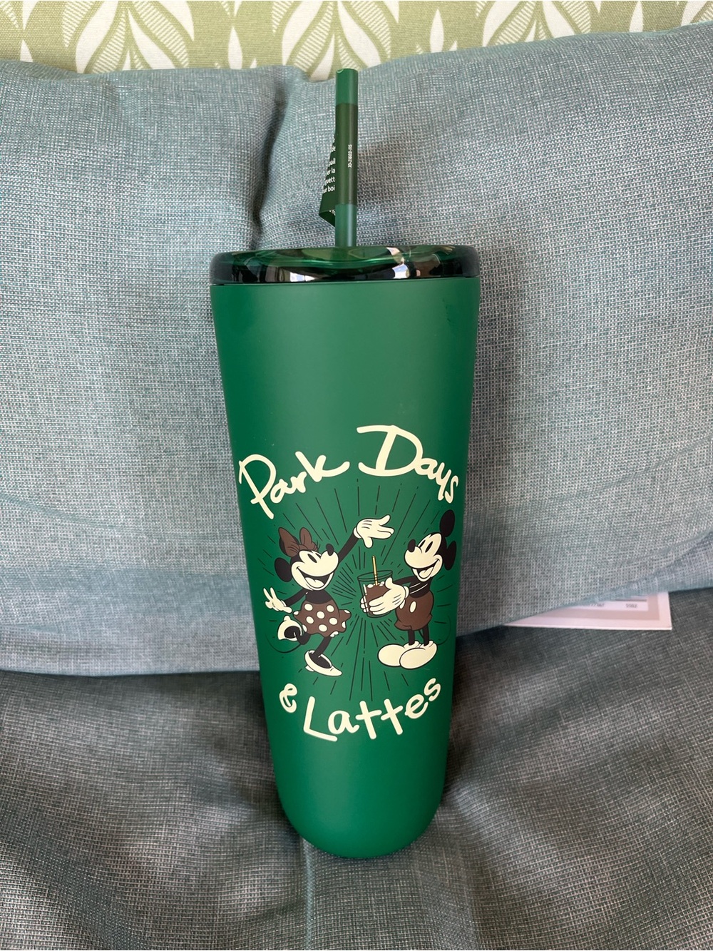 NWT~Disney Green "Park Days & Lattes" Mickey & Minnie Tumbler with Straw